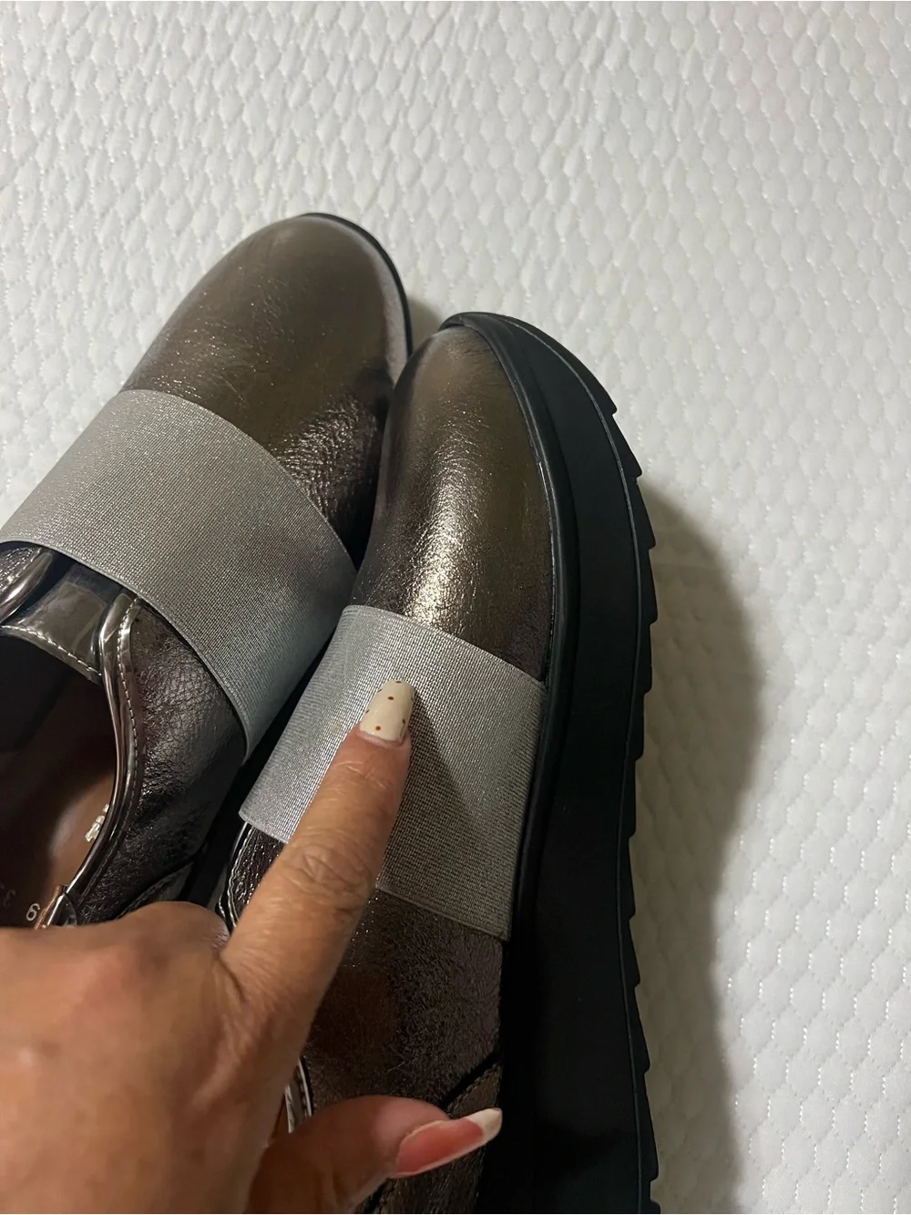 Metallic Bronze Slip-On Loafers with Wide Elastic Strap